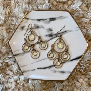 Gold Tone and Opal Hue Dangle Earrings